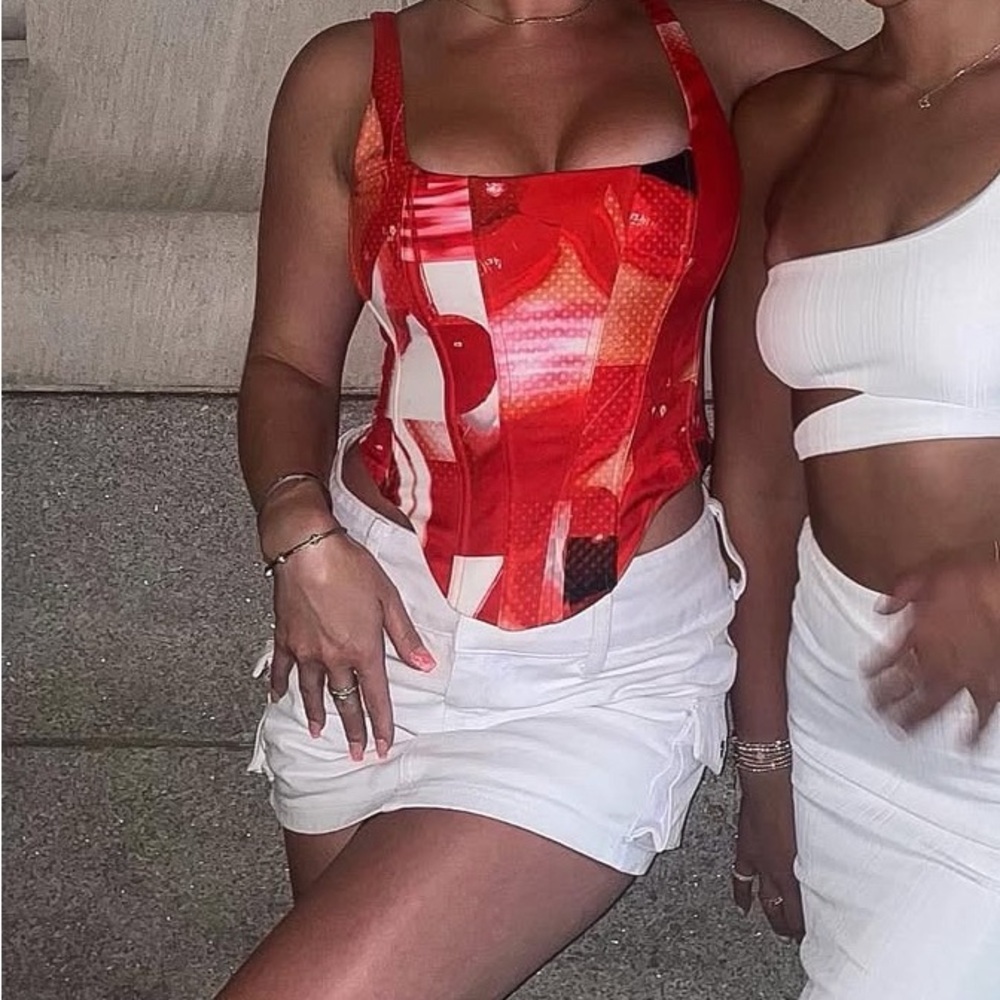 Red and White Patterned Corset Top